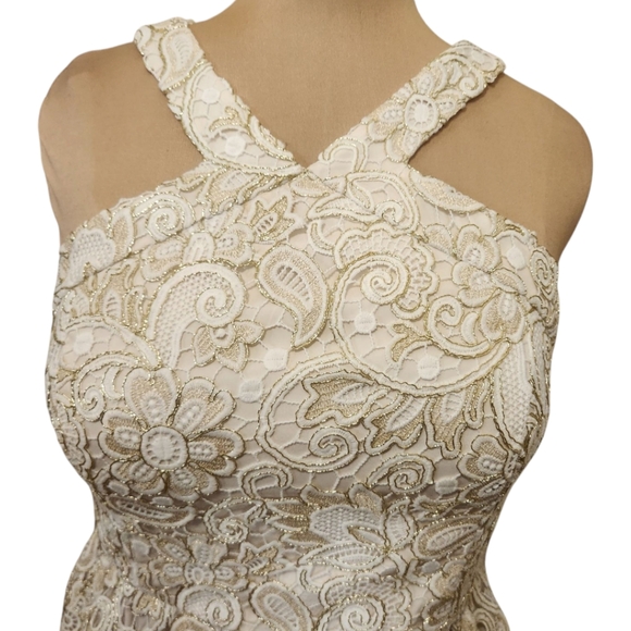 CLUB MONACO "Doina" Cream & Gold  Lace Halter Dress - Size 10 - Picture 4 of 15
